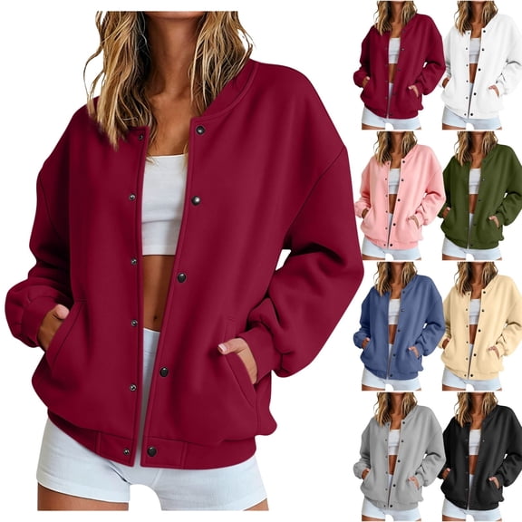 QINGFSAP Womens Long Sleeve Baseball Jacket Button Up with Pockets Drop Shoulder Color Block Casual Coat