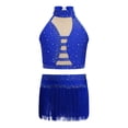 thumbnail image 3 of Haitryli Kids Girls Tassel Dance Outfits Jazz Latin Performance Crop Top with Skirt Set Gymnastics Bodysuit Royal Blue 10, 3 of 5