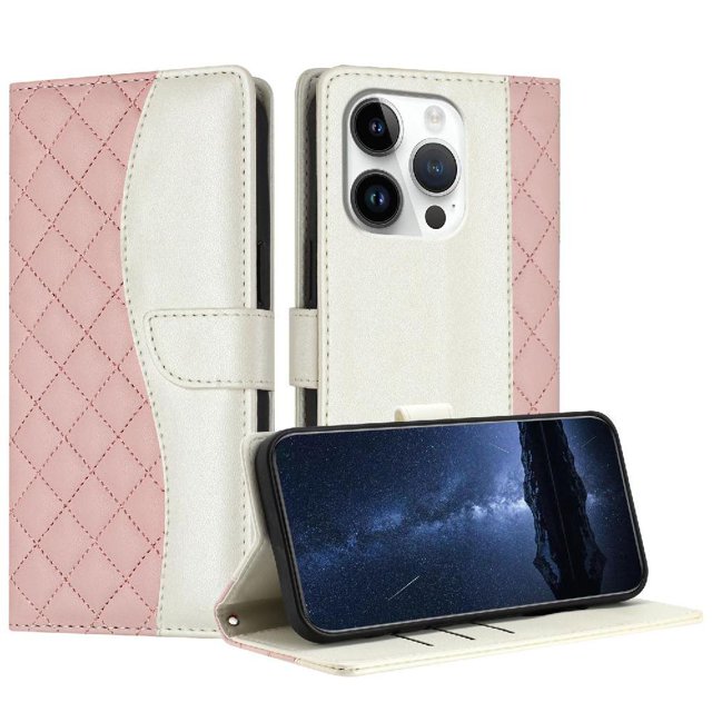 Quilted Wallet Case for iPhone 14 Pro with RFID Blocking Slots & Wrist Strap Stand Cover Pink