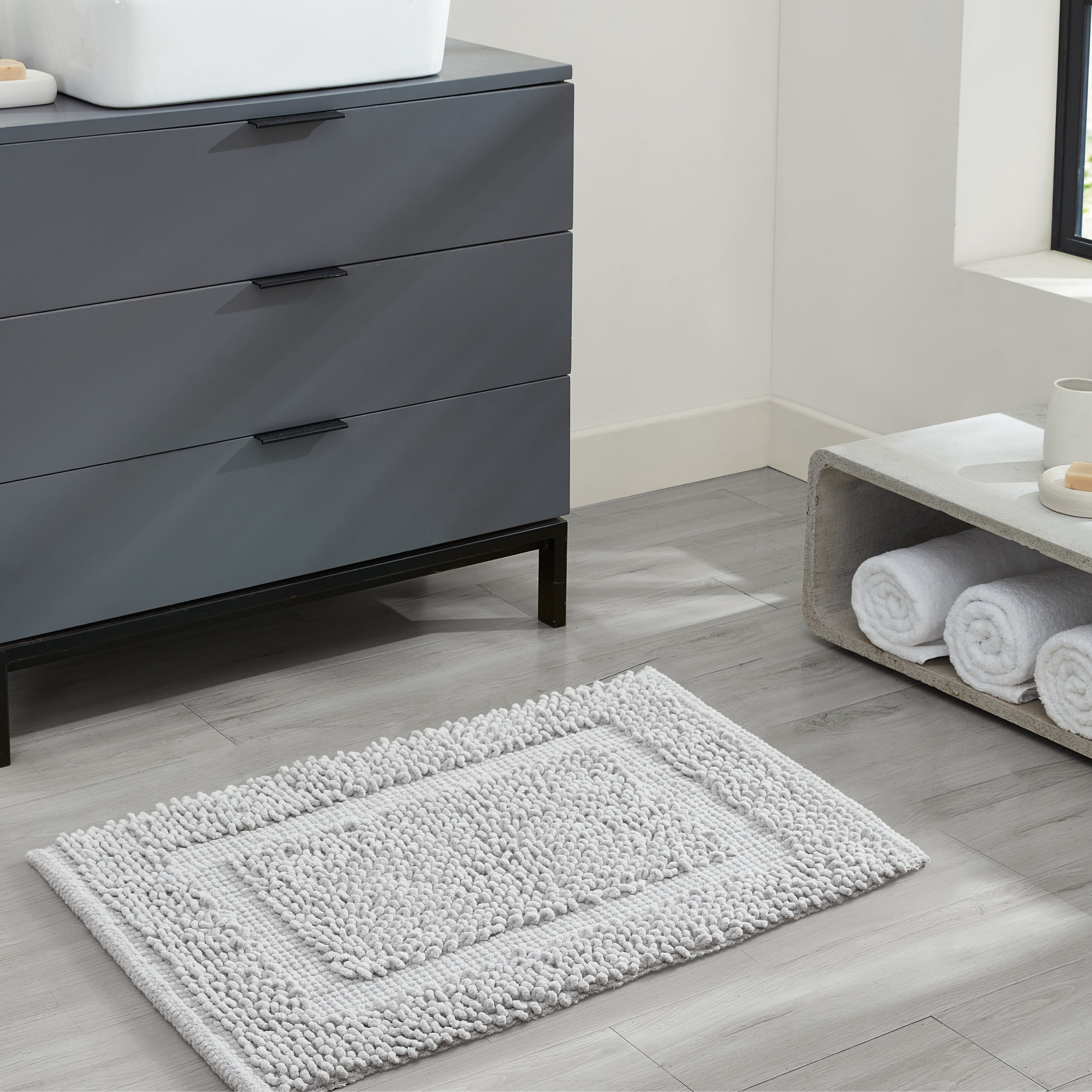Jean Pierre New York Sophie Border 100% Cotton Non-Slip Bath Mat Set - Soft Gray - 17x24/20x32