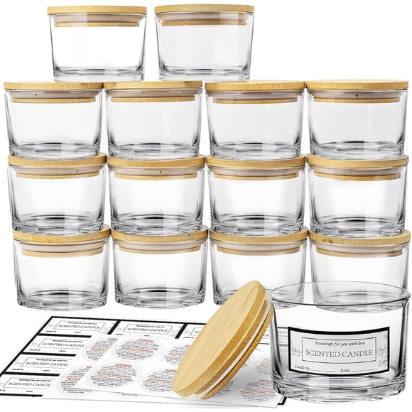 CONNOO 15 Pack 4oz Clear Glass Candle Jars with Bamboo Airtight Lids for Candle Making, Large Mouth Empty Small Jars with Labels