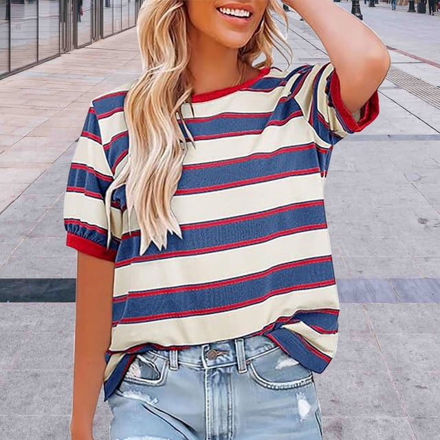 Pxiakgy Vente Chaude!! Hauts Rayés pour Femmes Col Rond Manches Courtes T-Shirt Tendance 2025 Basique Été Décontracté T-Shirts Amples à Rayures Color Block Blouses Amples Basiques Rd2 S