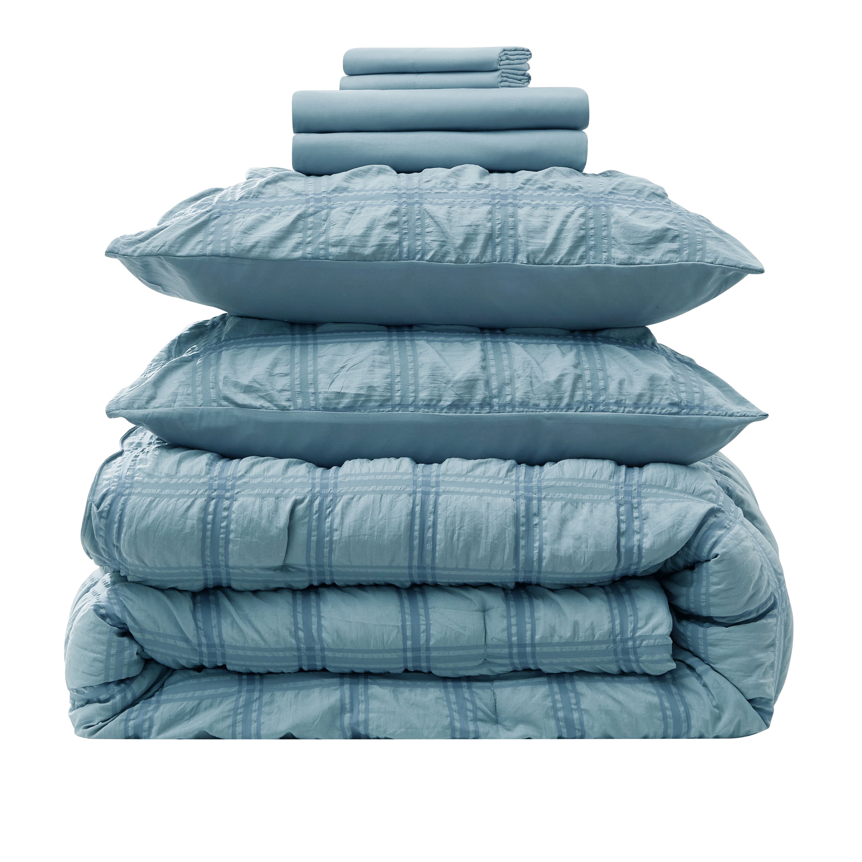 LammaLoe Queen Comforter Set, 7 Piece Seersucker Bed in a Bag, Bedding Comforter Set with Sheets, Modern Bed Set, Stone Blue