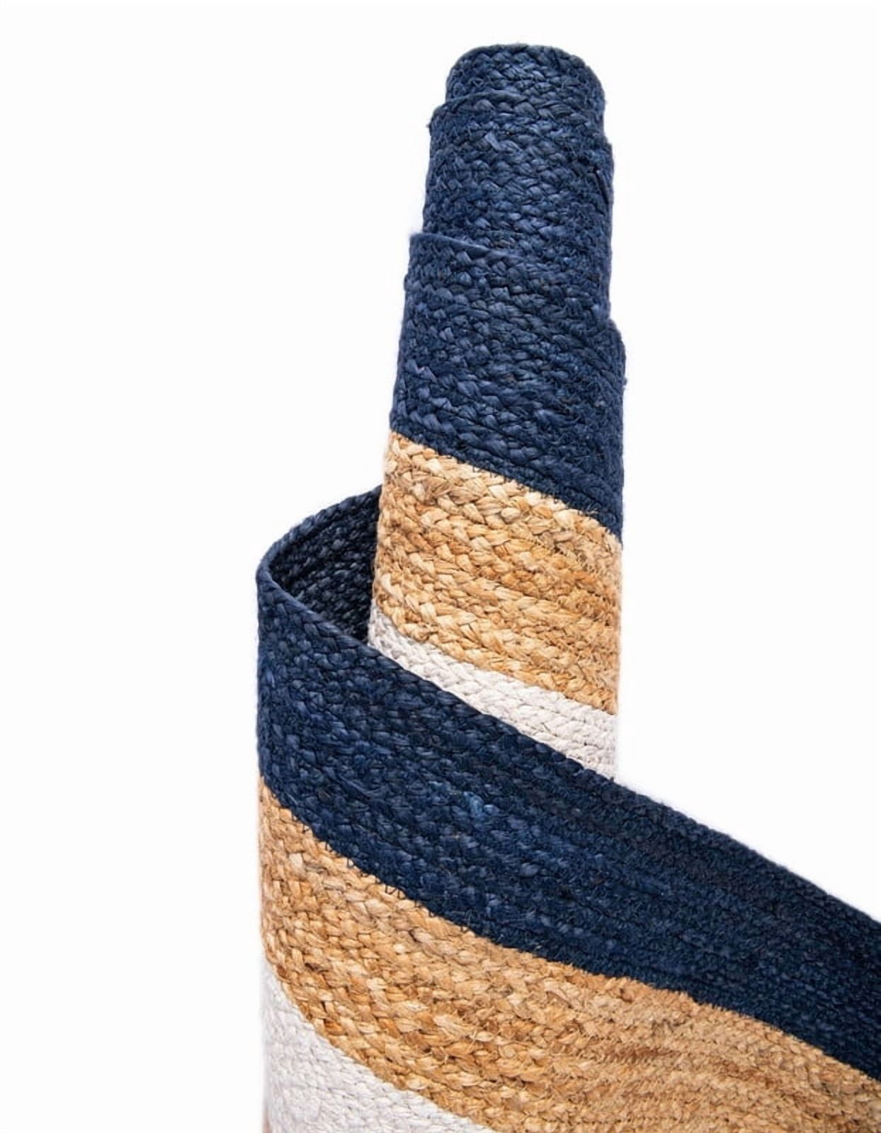 2x7 Ft Beige and Navy Blue & White Jute Area Rug, Hand-Woven, Reversible, Farmhouse Boho Style, Durable & Pet-Friendly Rug for Living Room, Dining Room, and Bedroom