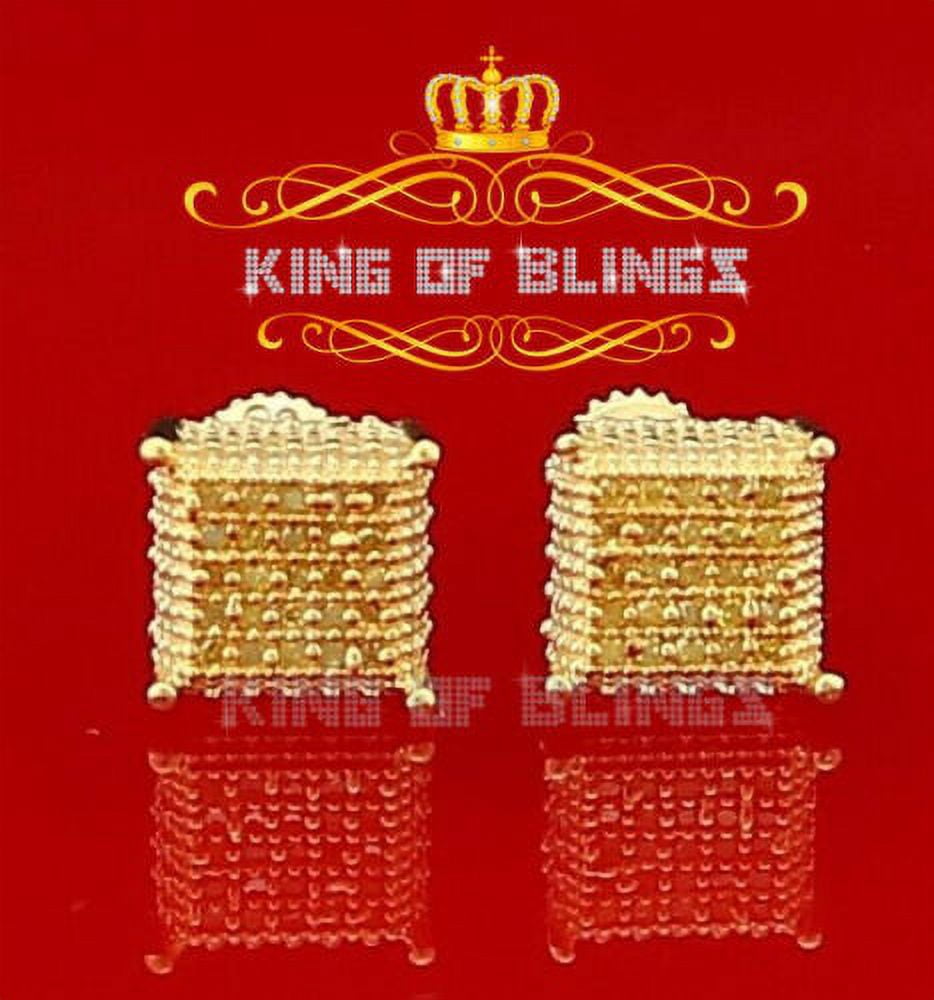 King of Bling's 0.15ct Yellow Diamond 925 Sterling Silver Stud Women's/ Men's Square Earrings