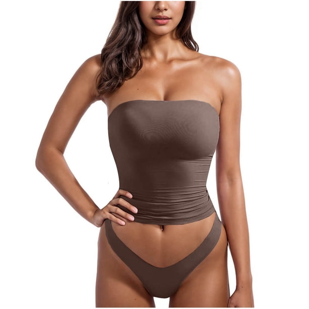 Camisola de color liso sin tirantes para mujer, parte trasera hermosa, corta, tipo integrado, sin tirantes, conjunto de ropa interior, top de nailon para mujer