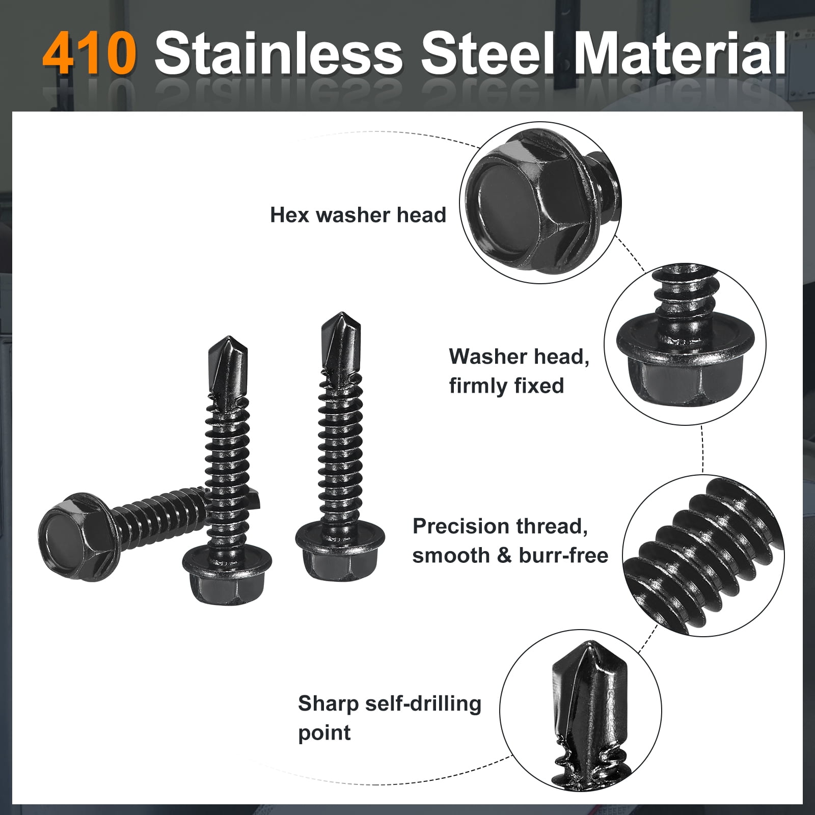 Uxcell 50 Pack #14 x 1-1/4" Self Drilling Screws, 410 Stainless Steel Self Tapping Screws for Metal, Black Oxidation Finish, Hex Washer Head Sheet Metal Screws