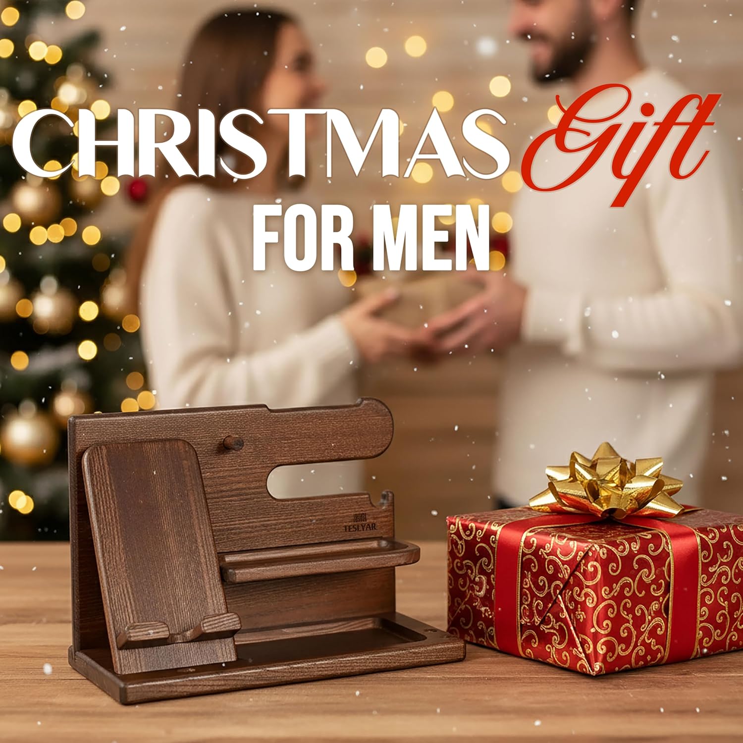 SONGAUN Gifts for Men Wood Phone Docking Station Desk Organizer Fathers gifts Gifts for him Xmas gift Anniversary Birthday presents Nightstand Key Wallet Stand for Men, Boyfriend, Dad