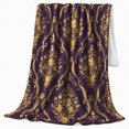 thumbnail image 2 of Gold Floral Damask on Purple Field, Elegant Vintage Style for Pattern Lovers, Ornate Baroque Floral Pattern and Housewarming Gift, Cozy Flannel Blanket for Bedroom and Guest Room, Home Decor, 2 of 9