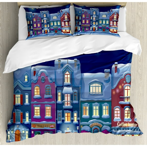 City Duvet Cover Set Queen Size, Old and Adjacently Arranged Houses Shops and Cafes Snow Covered Street Winter Night, Decorative 3 Piece Bedding Set with 2 Pillow Shams, Multicolor, by Ambesonne