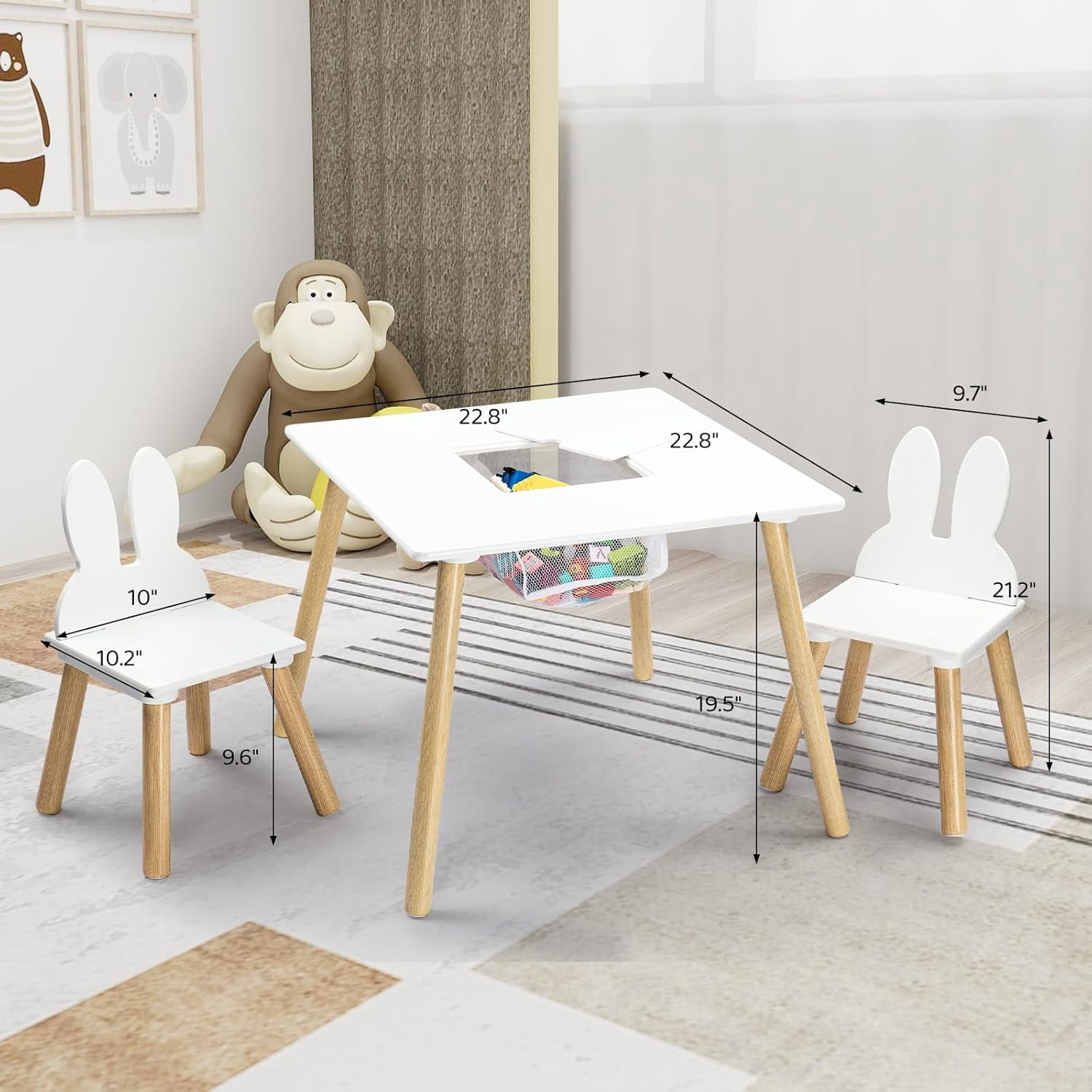 JOYMOR Kids Table and 2 Chairs Set with Storage & Removable Tabletop, Panda Ear Chairs, 3-in-1 Kids ActivityTable for Craft, Playroom Toddler Table and Chair Set for Kids 2-5
