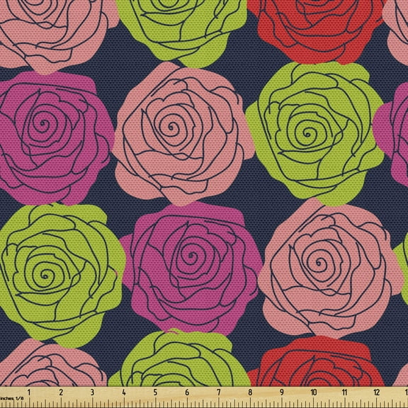 Ambesonne Rose Fabric by the Yard Upholstery, Bouquets of Valentine's Day, 3 Yards, Lime Green and Multicolor
