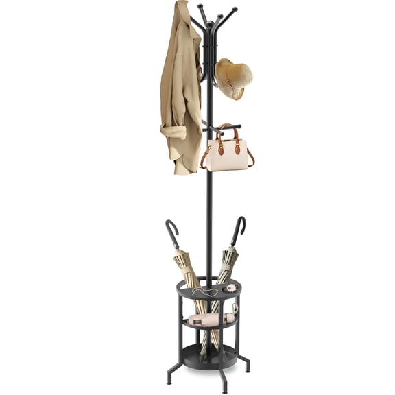Coat Rack Freestanding, Coat Stand with Umbrella Holder, Metal Coat Tree with 12 Hooks, Coat Hanger Stand for Entryway, Coat Rack Stand for Bedroom, Living Room & Office