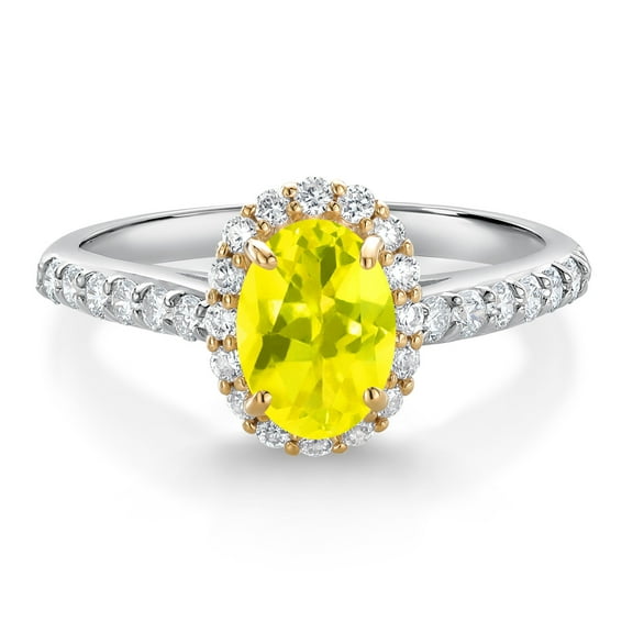 Gem Stone King 10K White Gold Canary Mystic Topaz White White Lab Grown Diamond Halo Engagement Ring for Women (1.11 Cttw, Oval 7X5MM, Gemstone, Size 6)