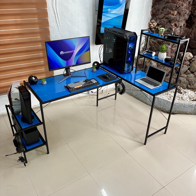 Desk-Top Modelo L Escritorio Gamer marca Ambientika (Azul)