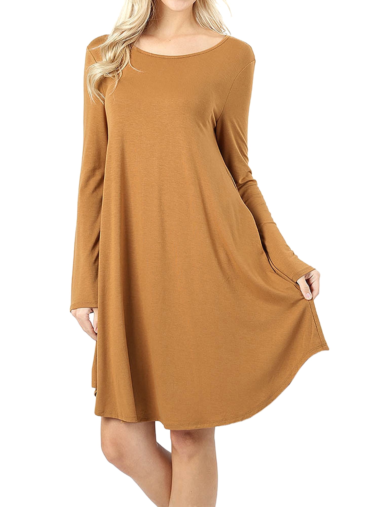 Chellysun Womens Dresses Long Sleeve A Line Solid Pleated Casual Fall Dress with Pockets