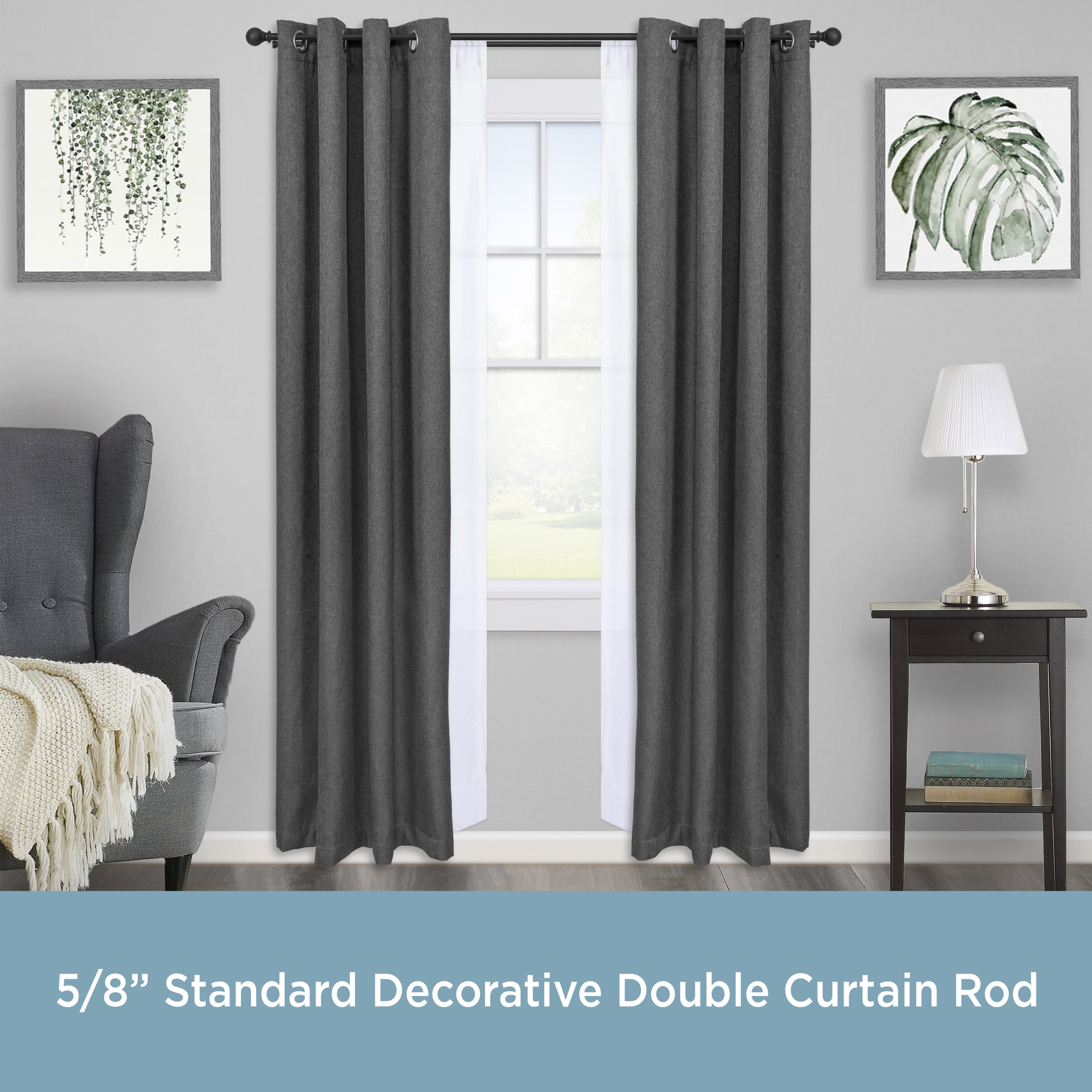 Kenney Ball 5/8" Standard Decorative Window Double Curtain Rod, 36-66", Matte Black