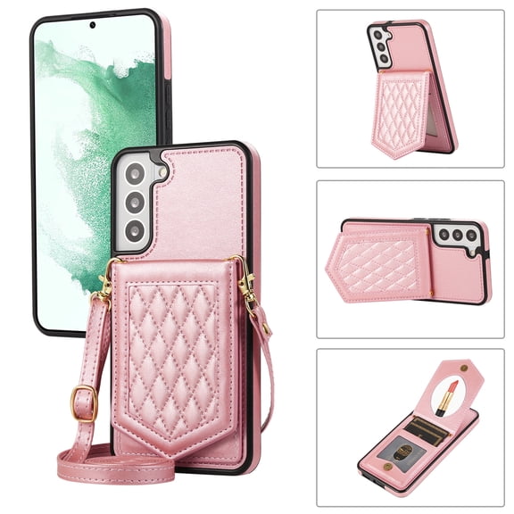 Crossbody Wallet Cover Case for Samsung Galaxy S23 Plus with Card Holder, Removable Neck Strap/Shoulder Strap Kickstand Slim Hidden Mirror Back Phone Cover for Samsung S23  5G 6.6", Rosegold