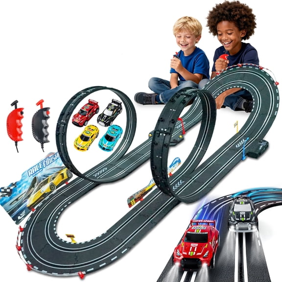 YCFUN Slot Car Race Track Set, Electric Race Track Toy with 4 Light-Up Car, Dual Racing Track Toy for Girls & Boys Ages 4-12