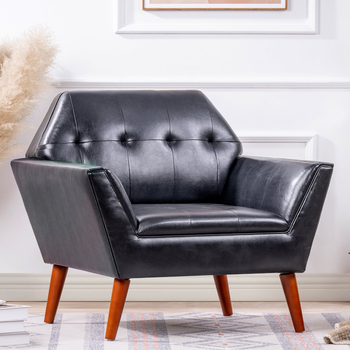 PU Leather Accent Chair with Solid Wooden Legs, Comfy Cushion Wide Arm