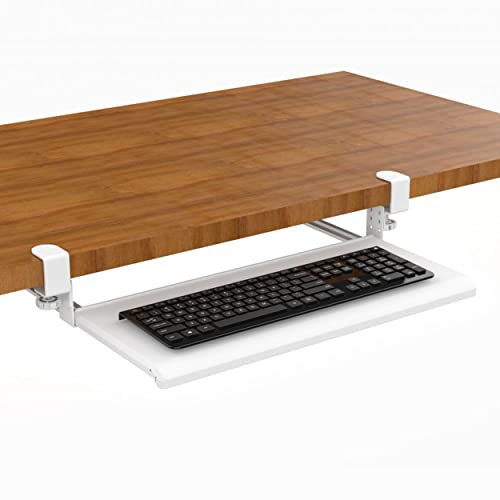 Stand Up Desk Store Plateau de Clavier Compact à Pince Rétractable et Ajustable/plateau de Clavier sous le Bureau / Augmente le Confort et l'Espace de Bureau Utilisable / pour Desks Up to 1.5 Pouces (24.5 Pouces x 11.5 Pouces) (Blanc) (Petit)