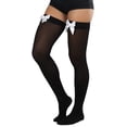 thumbnail image 3 of ToBeInStyle Womens Beautiful Satin Bow Opaque Thigh High Stockings - Black w/ White Bow - One Size, 3 of 5