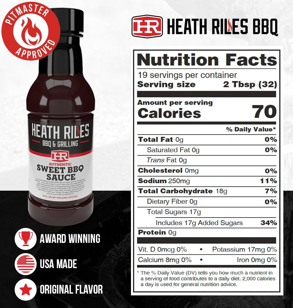 Heath Riles BBQ Sweet Barbecue Sauce, Champion Pitmaster Recipe, Bottle 16 oz.
