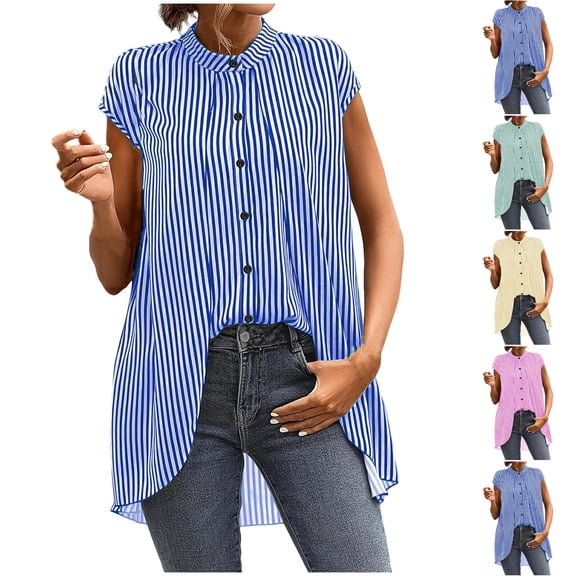 RongHuan Womens Sleeveless Shirt Casual Striped Tank Top Button Down Tops V Neck Business Blouse