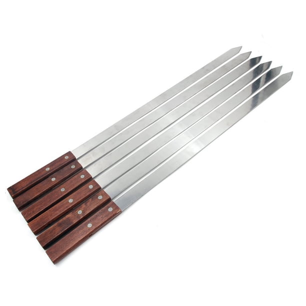Juego De 7 Brochetas Planas De Acero Inoxidable Para Barbacoa - 60cm, Con Mango De Madera Y Bolsa De Cuero