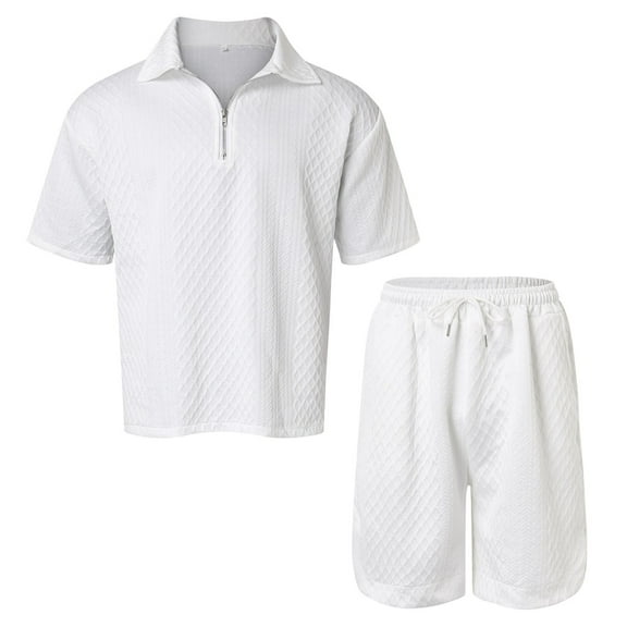 Gubotare Mens Short Outfits Men's 2 Piece Outfit Short Sleeve Shirt Blouse and Drawstring Shorts Set (White,L)