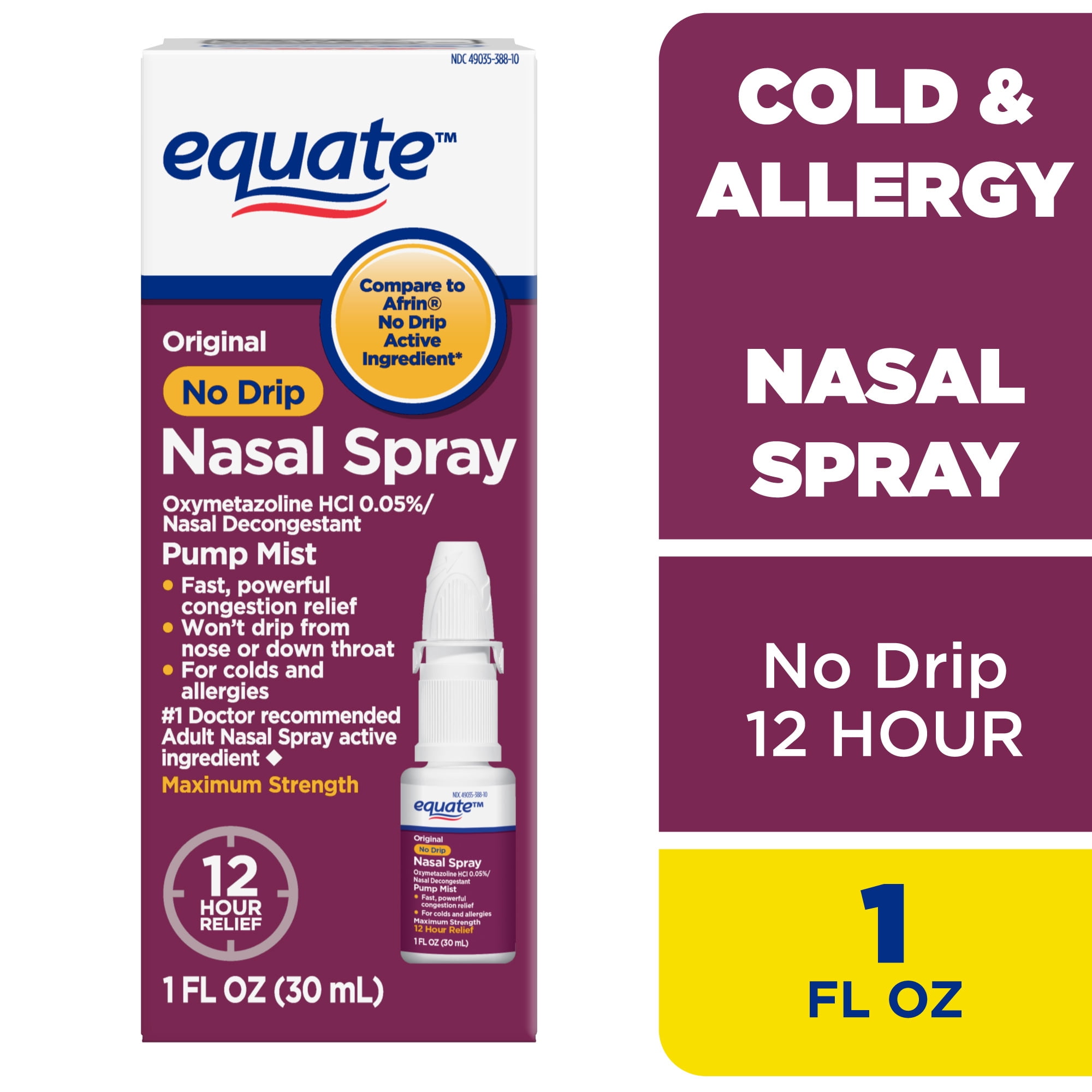 Equate Original No Drip Nasal Spray Oxymetazoline HCl 0.05% Nasal Decongestant, Maximum Strength, 12 Hour, 1 fl oz, Compare to Afrin® No Drip Active Ingredient