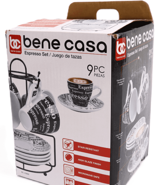 Bene Casa Porcelain 9 Piece Espresso Set with Iron Stand