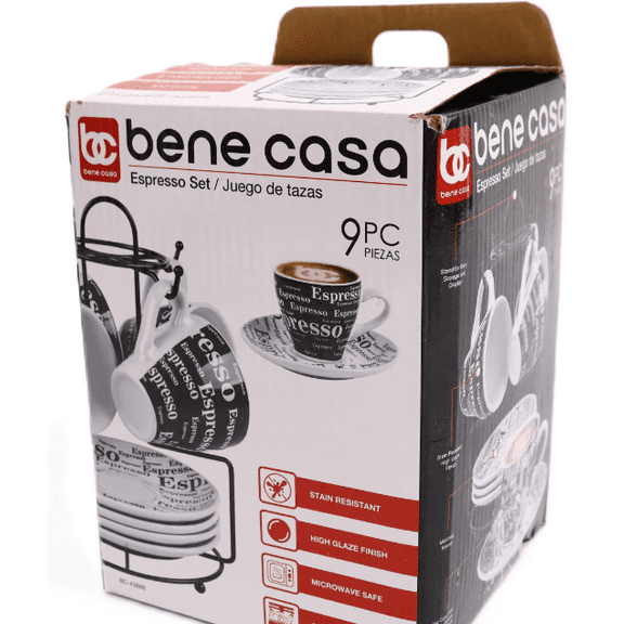 Bene Casa Porcelain 9 Piece Espresso Set with Iron Stand