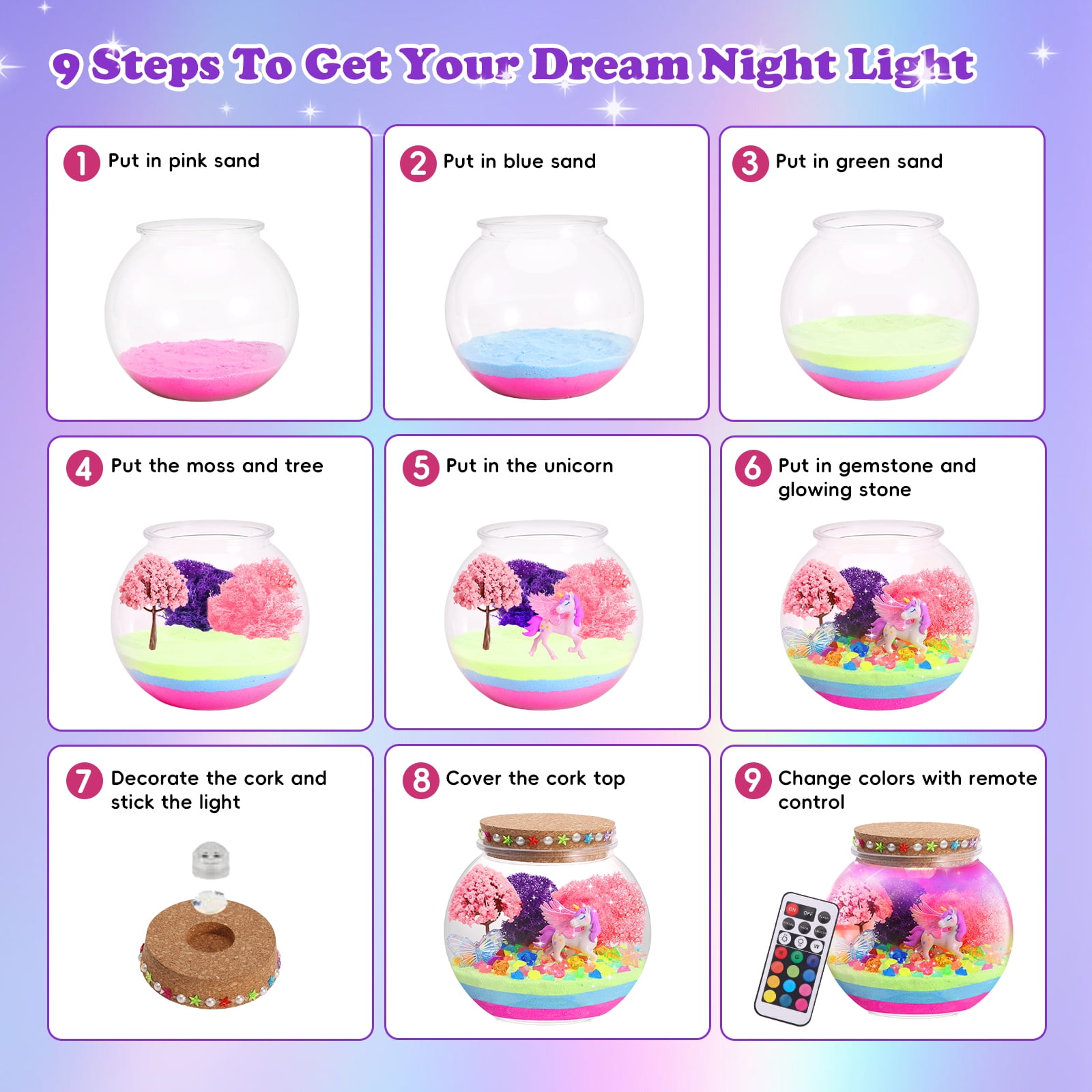 Unicorn Light-Up Terrarium Kit for Kids - LED Night Light Birthday Gifts，Unicorn Toys for Girls Ages 4-12 Year Old， Kids Arts and Crafts Kit