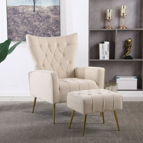 Accent Chair with Ottoman Set Of 2, Velvet Button Armchair With Backrest, Modern Upholstered Sofa Chair With Metal Legs For Living Room Bedroom Office
