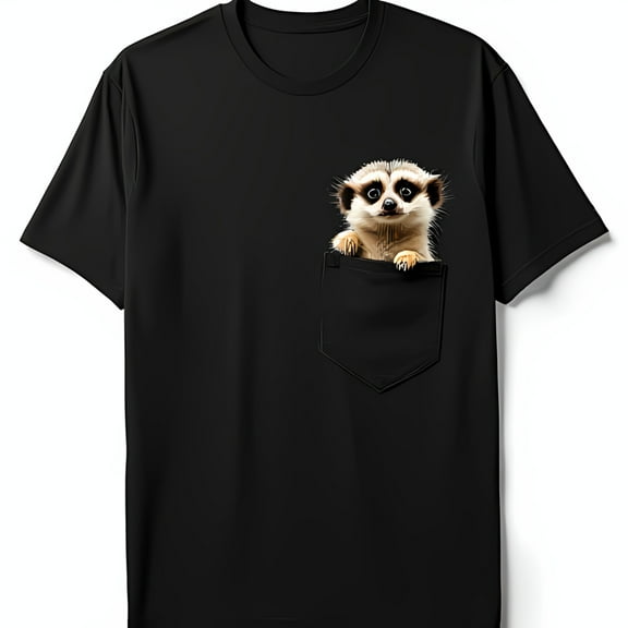Adorable Meerkat Pocket Graphic on Soft Black T-Shirt for Animal Lovers