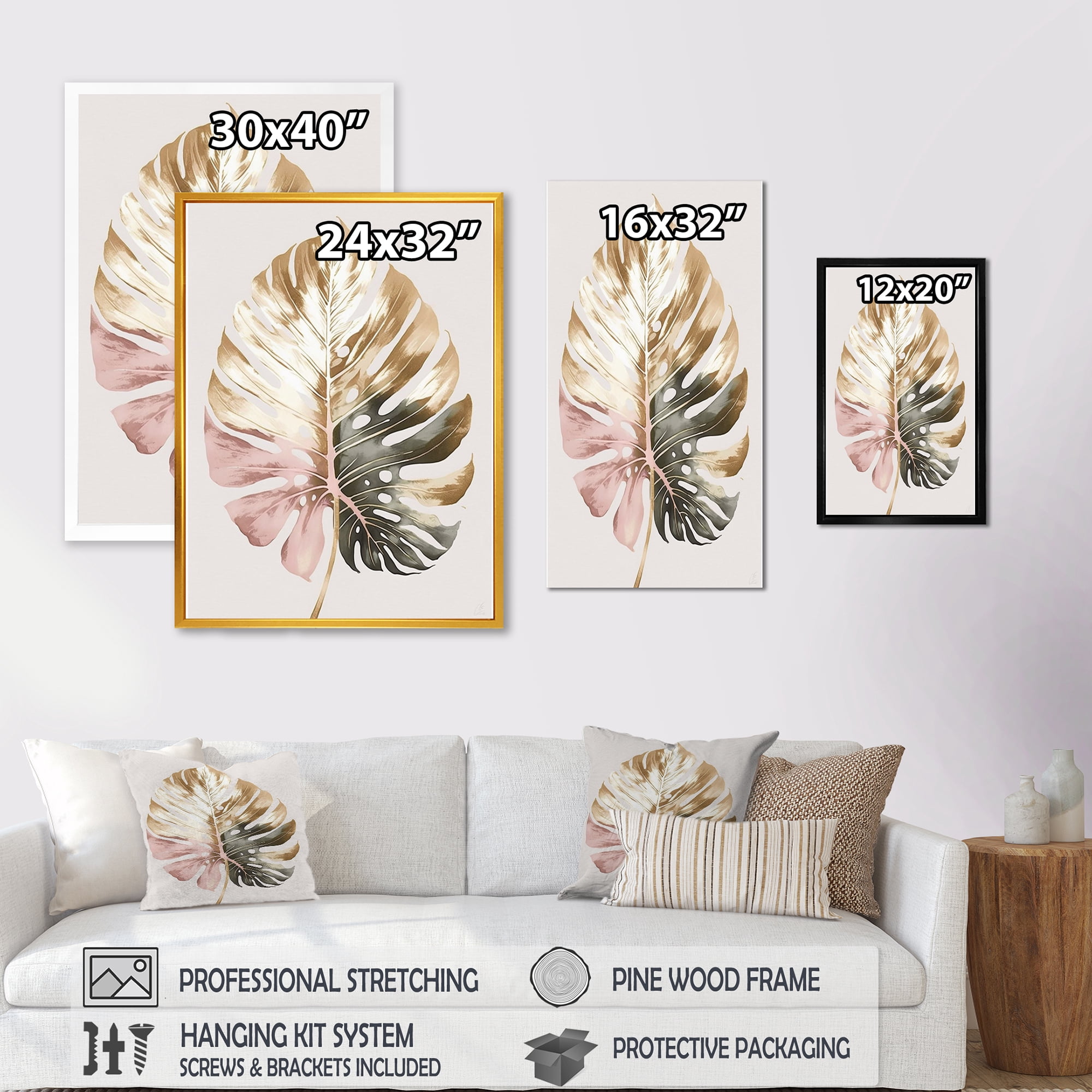 Designart Gold And White Philodendron Leaf II Canvas Wall Art