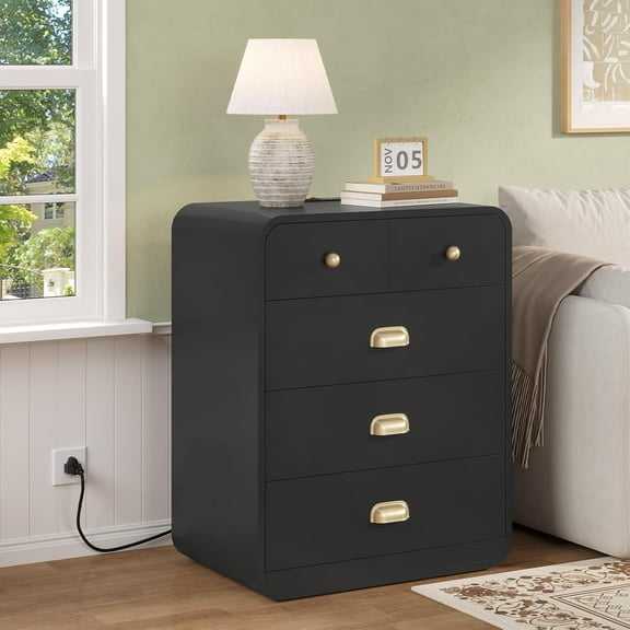 Large 5 Drawer Curved Nightstand,Built-in Charging Station,End Table for Bedroom (Black, 5 Drawer)