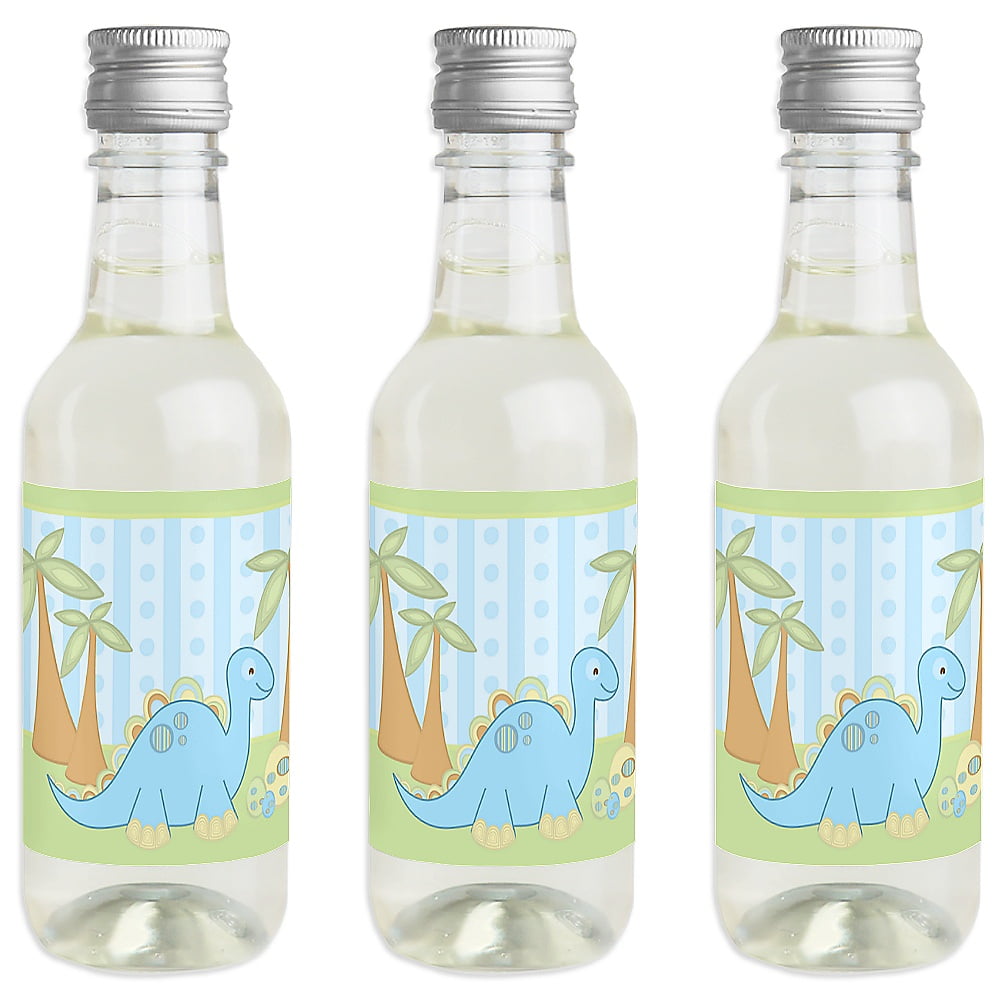 Baby Boy Dinosaur - Mini Wine and Champagne Bottle Label Stickers - Baby Shower or Birthday Party Favor Gift for Women and Men - Set of 16