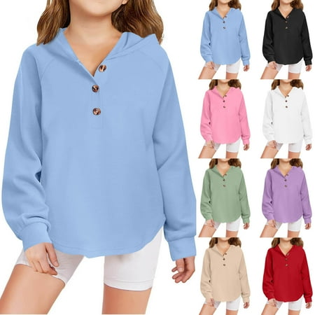 DxhmoneyHX Hoodies for Teen Girls Cute Trendy Long Sleeve Pullover Hoodies Quarter Button Henley Neck Oversized Hooded Sweatshirts Tops Winter Preppy Clothes 4-15 Years