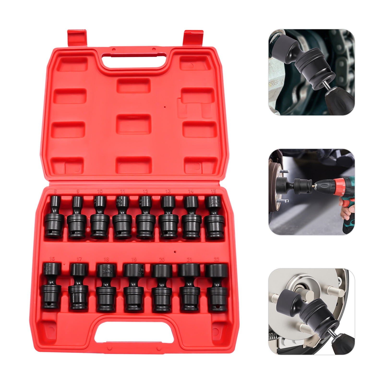 Impact Socket Kit, 3/8" Drive Impact Universal Joint Socket Kit, 15-Piece Impact Socket Set 8-22mm, Professional Mechanics and DIY Auto Repair