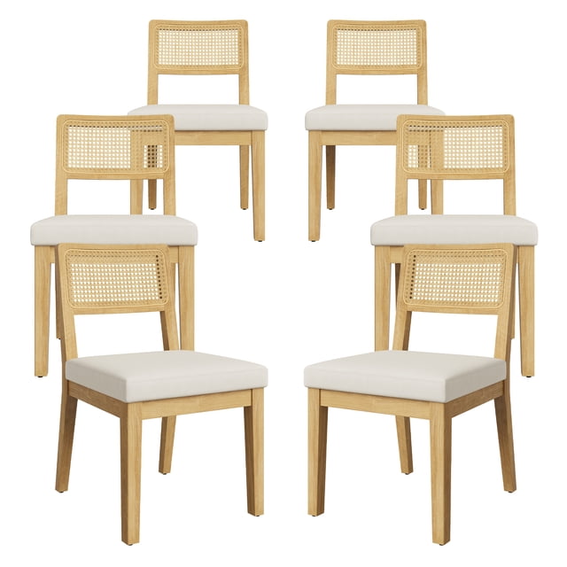 Modern Dining Chairs Set of 2 – Natural Color Armless Rattan Chairs with Upholstered Linen Seats, Breathable Backrests & Durable Wooden Frames for Home & Restaurant Use