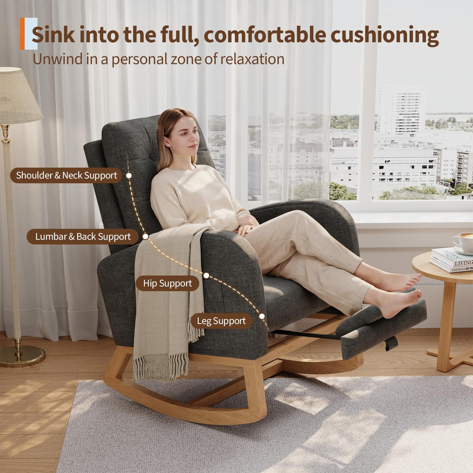 Modern Nursery Rocking Chair with Adjustable Footrest – High Backrest, Linen Upholstery, Sturdy Wooden Legs, Comfortable Glider Armchair for Living Room, Bedroom, or Nursing Room – Gray with Footrest