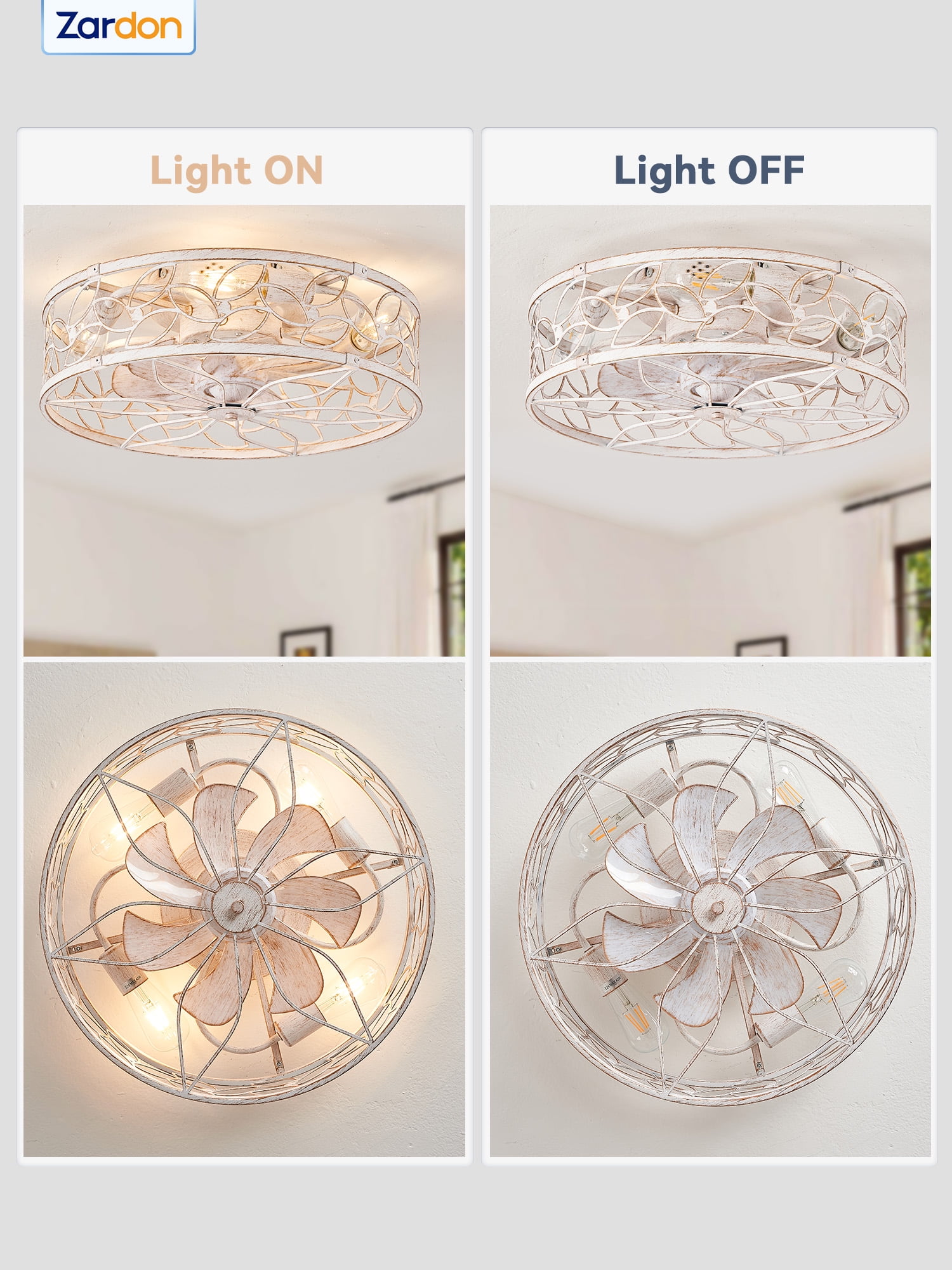 Zardon 18" White Gold Caged Ceiling Fan with Light and Remote Control - Flush Mount Low Profile DC Motor for Bedroom, Kitchen, Dining Room
