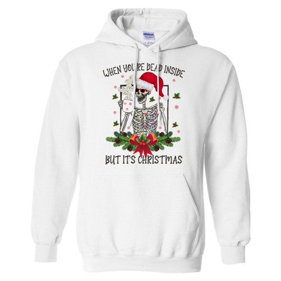 Santa Skeleton Dead Inside Hoodie Sweatshirt Unisex Large White