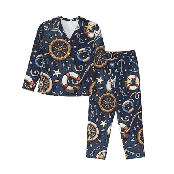 Balery Nautical Conjunto de Pijama con Estampado para Mujer, Conjunto de Dos Piezas con Manga Larga, Ropa de Dormir Suave con Bolsillos, Pijamas Cómodos-Small