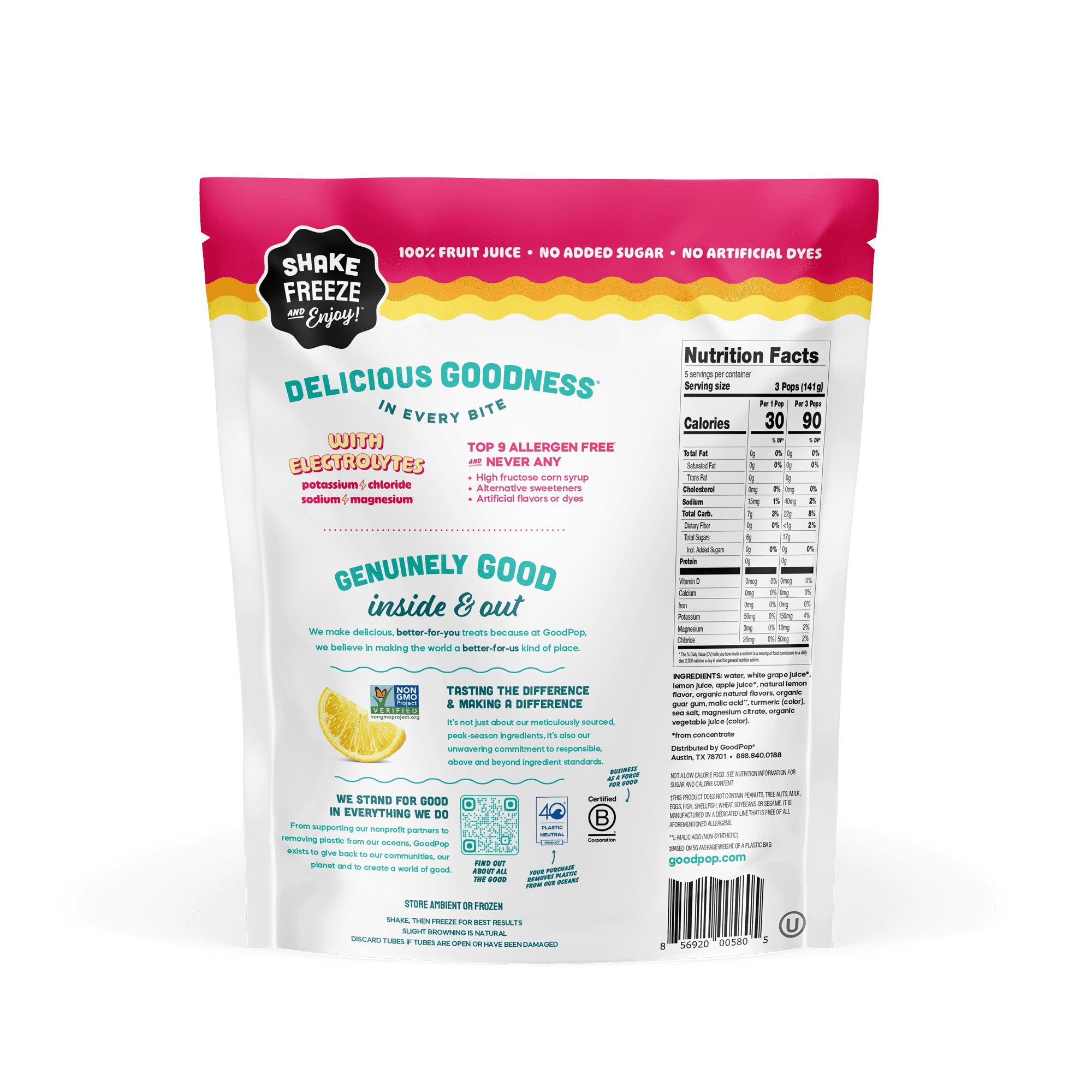 Goodpop Freezer Pops with Electrolytes 100% Fruit Juice 15 Pack - Lemonade Variety Pack