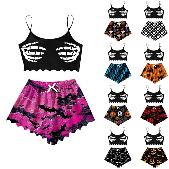 Womens Halloween Pajamas Plus Size 2 Piece Cami Top Shorts Set Skeleton Print Sleeveless Sleepwear Loungewear Halloween Gifts