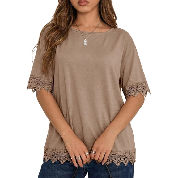 Women'S Summer Tops Oversized Short Sleeve Shirts Casual Loose Lace Patchwork T-Shirt Outfits Khaki S