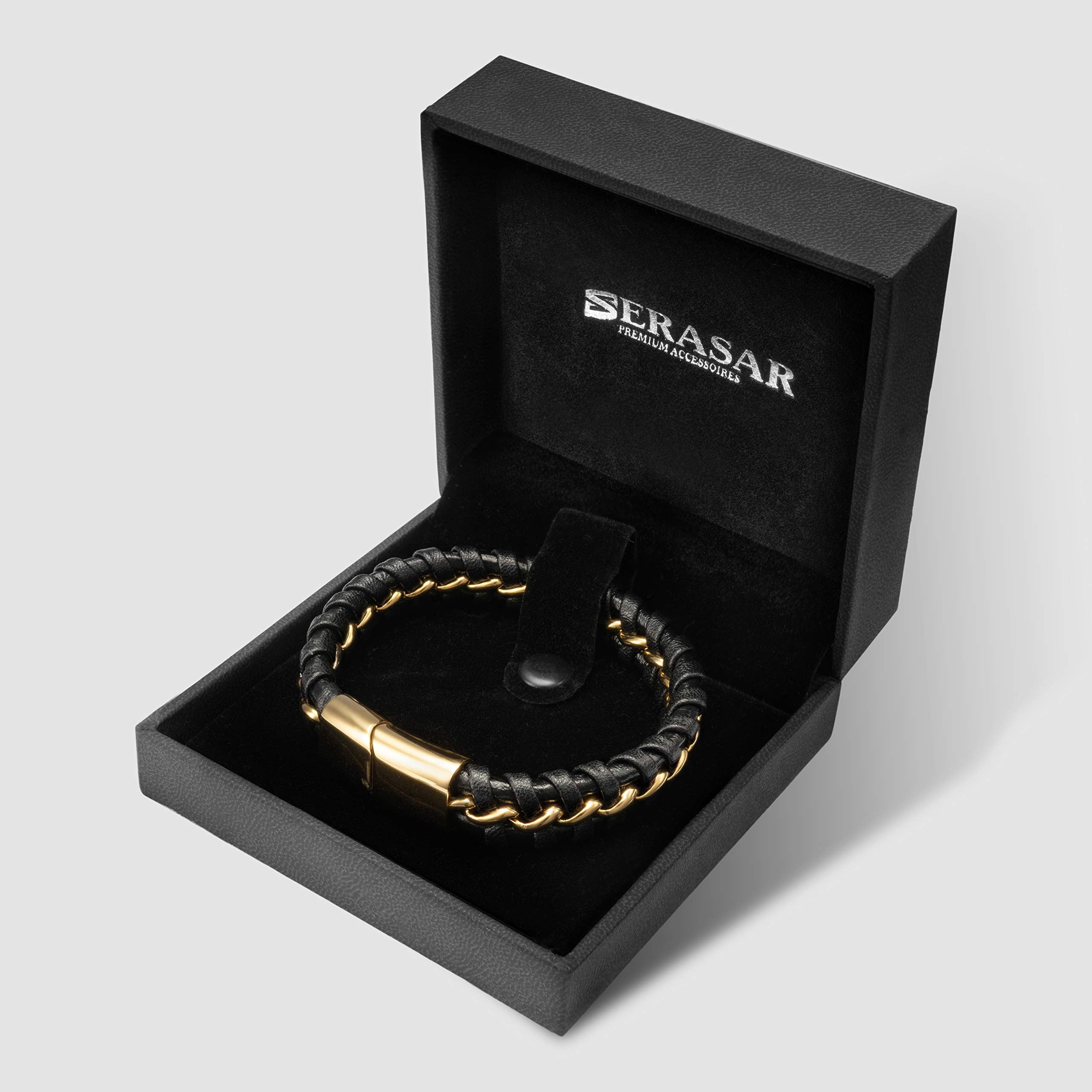 SERASAR Leather Bracelet for Man "Joy" with stainless steel magnetic closure, Gold 20cm, including gift box